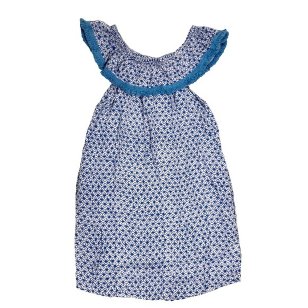 Roberta Roller Rabbit Lucia Off Shoulder Blue‎ White Block Print Fringe Dress XS